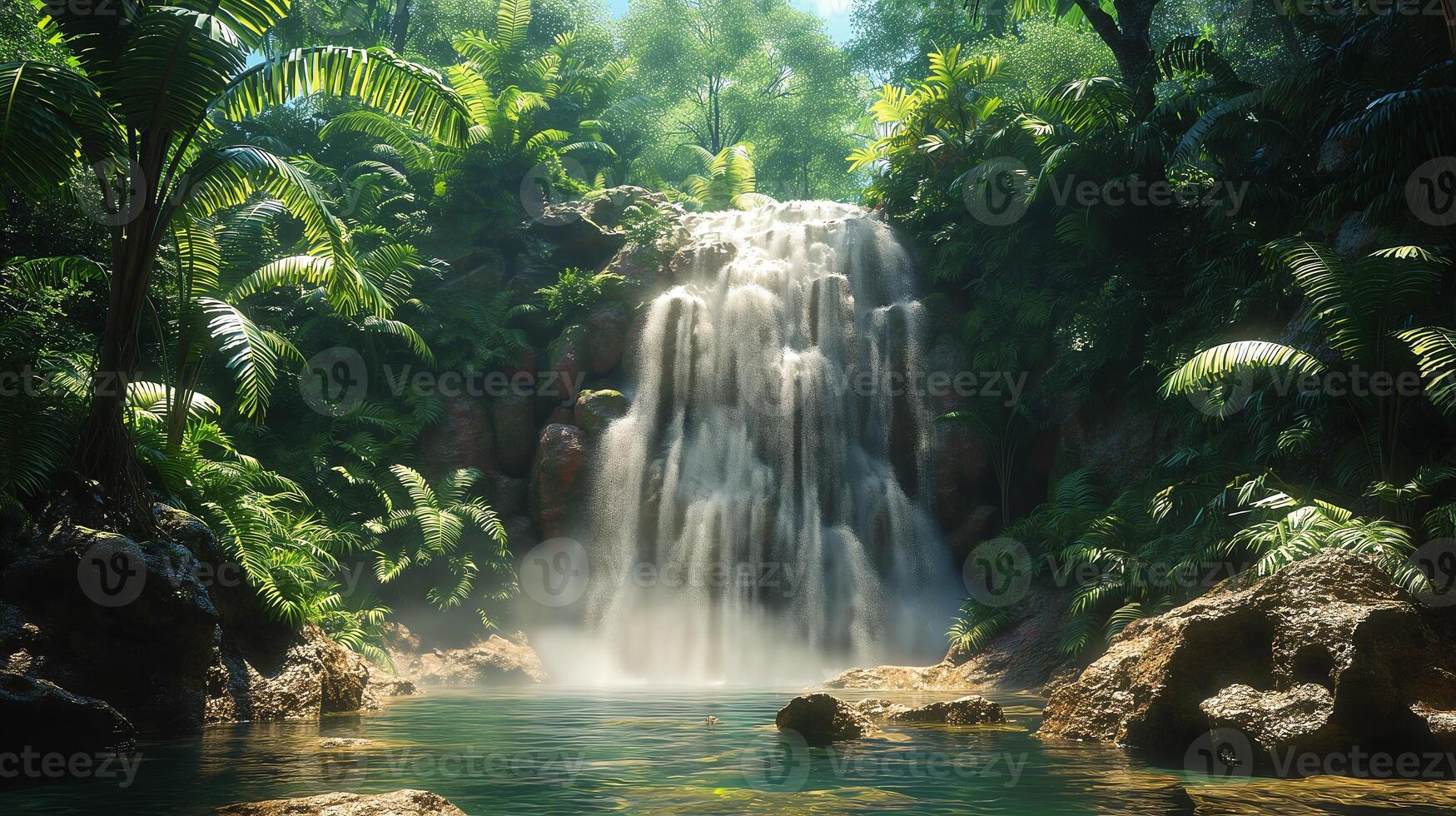 A waterfall surrounded by a dense jungle with lush greenery and rocks photo
