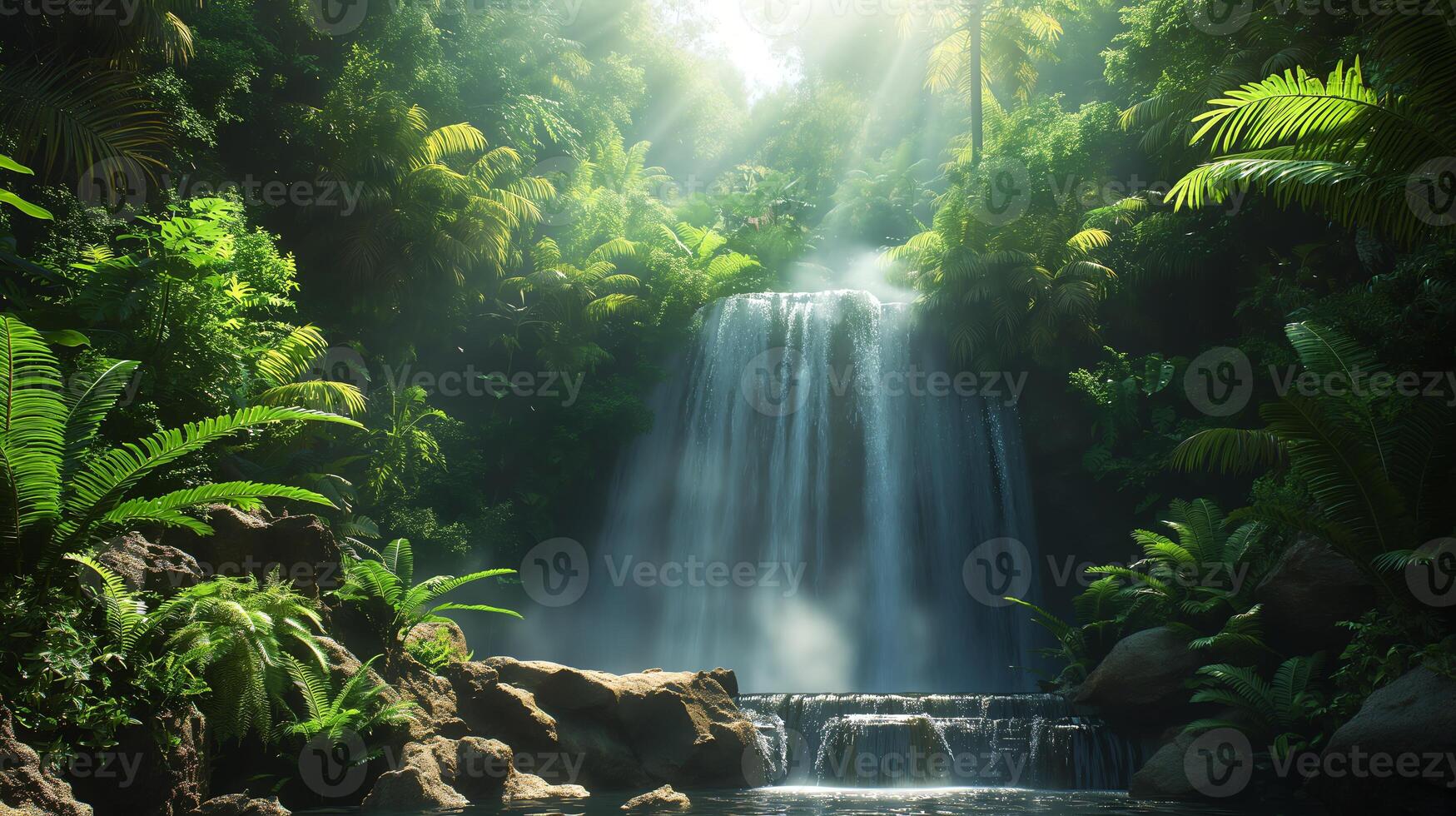 A waterfall surrounded by a dense jungle with lush greenery and rocks photo