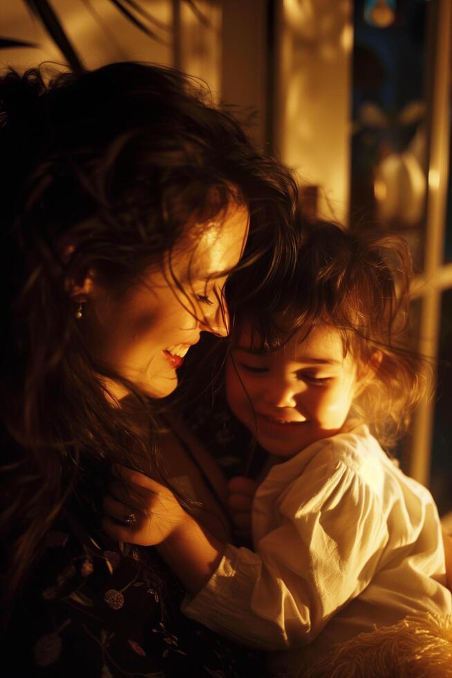 A woman and a little girl ,holding and playing with her daughter , Mother's day photo