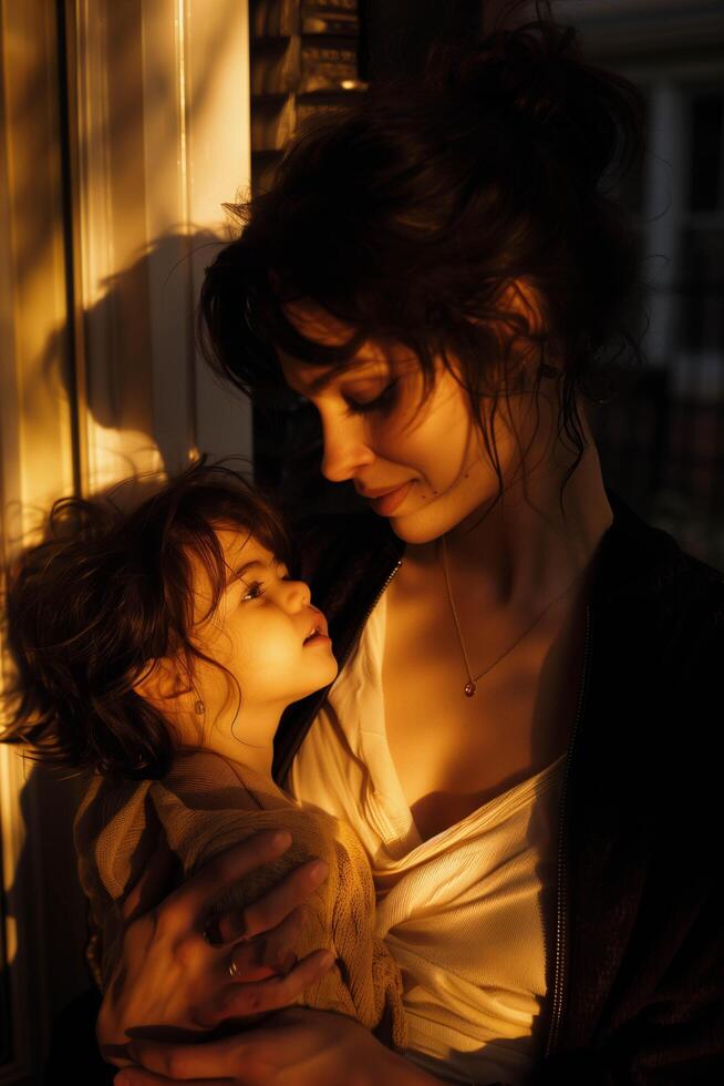 A woman and a little girl ,holding and playing with her daughter , Mother's day photo