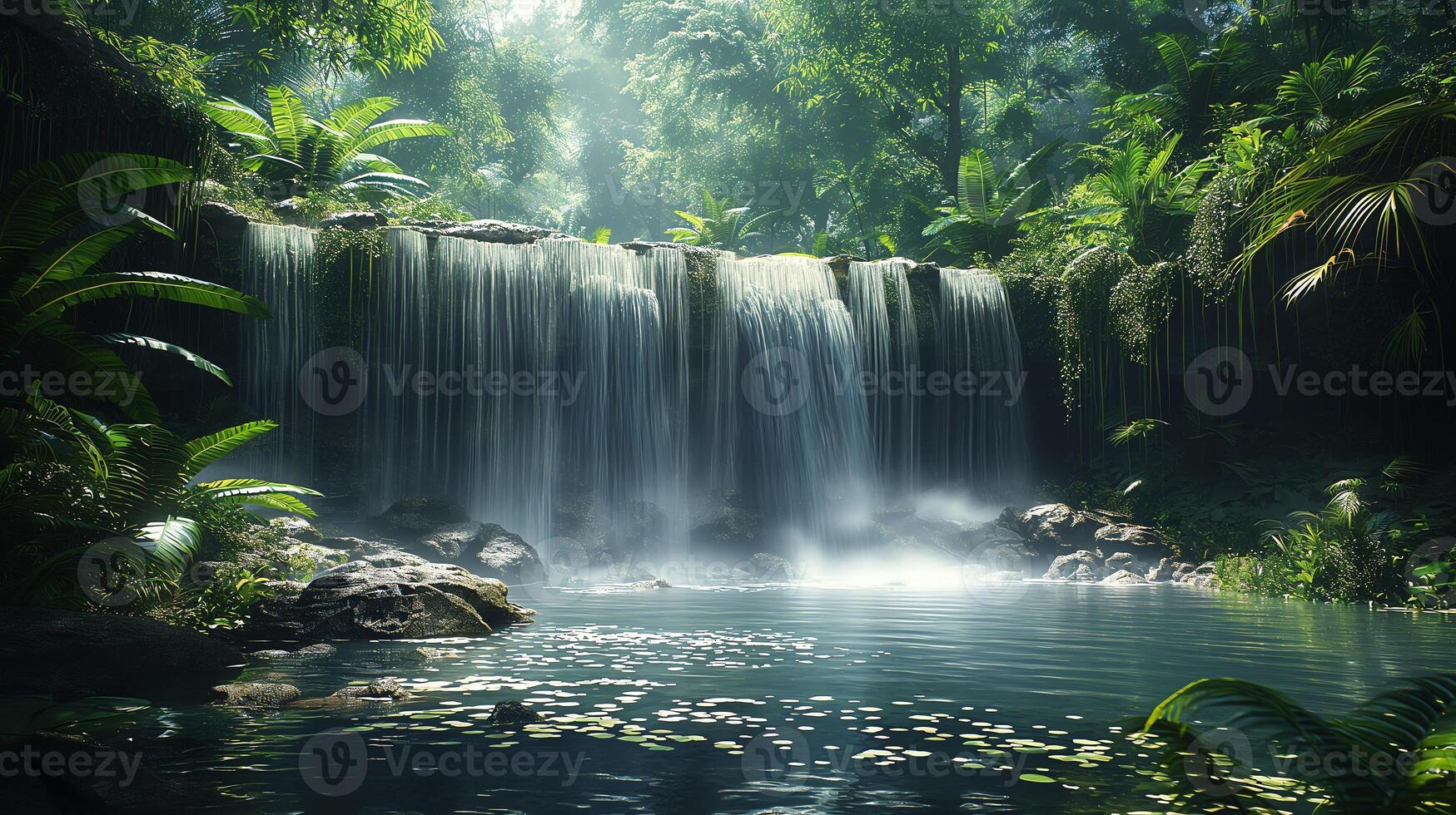 A waterfall surrounded by a dense jungle with lush greenery and rocks photo