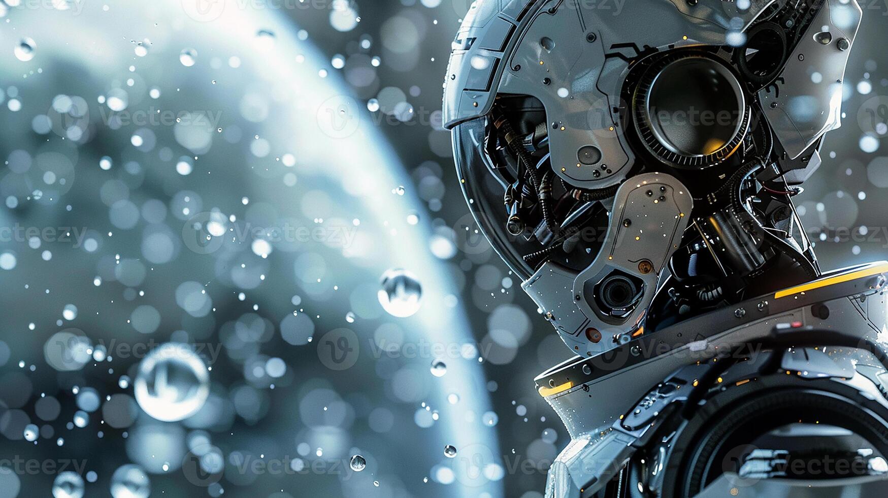 Futuristic robot gazing at water droplets on moon photo