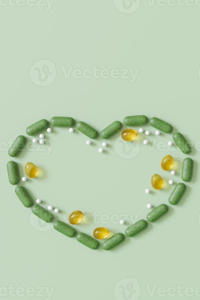 Herbal and homeopathic supplements artfully arranged in a heart shape on a pastel green background, perfect for themes of natural health. Vertical format. Copy space for text. 3D render. photo