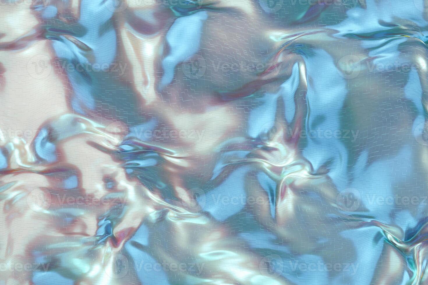 Metallic sheen and soft blue hues meld in this Y2K style abstract background, ideal for invoking a retro-futuristic vibe in design projects. Color gradient. Iridescent surface. 3D. photo