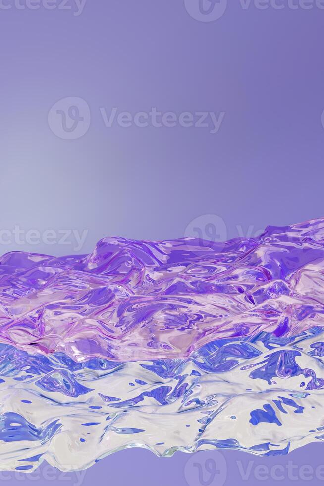 Fluid holographic waves on purple background, ideal for futuristic designs, Y2K-themed graphics, or trendy digital backdrops. Iridescent surface. Copy space for text. Vertical format. 3D render. photo