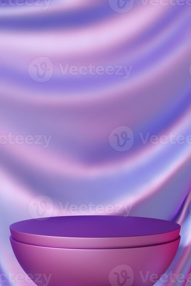 Holographic podium against draped satin background, ideal for showcasing cosmetics or jewelry in elegant marketing visuals and displays. Vertical mock up. Copy space for product. Color gradient. 3D. photo