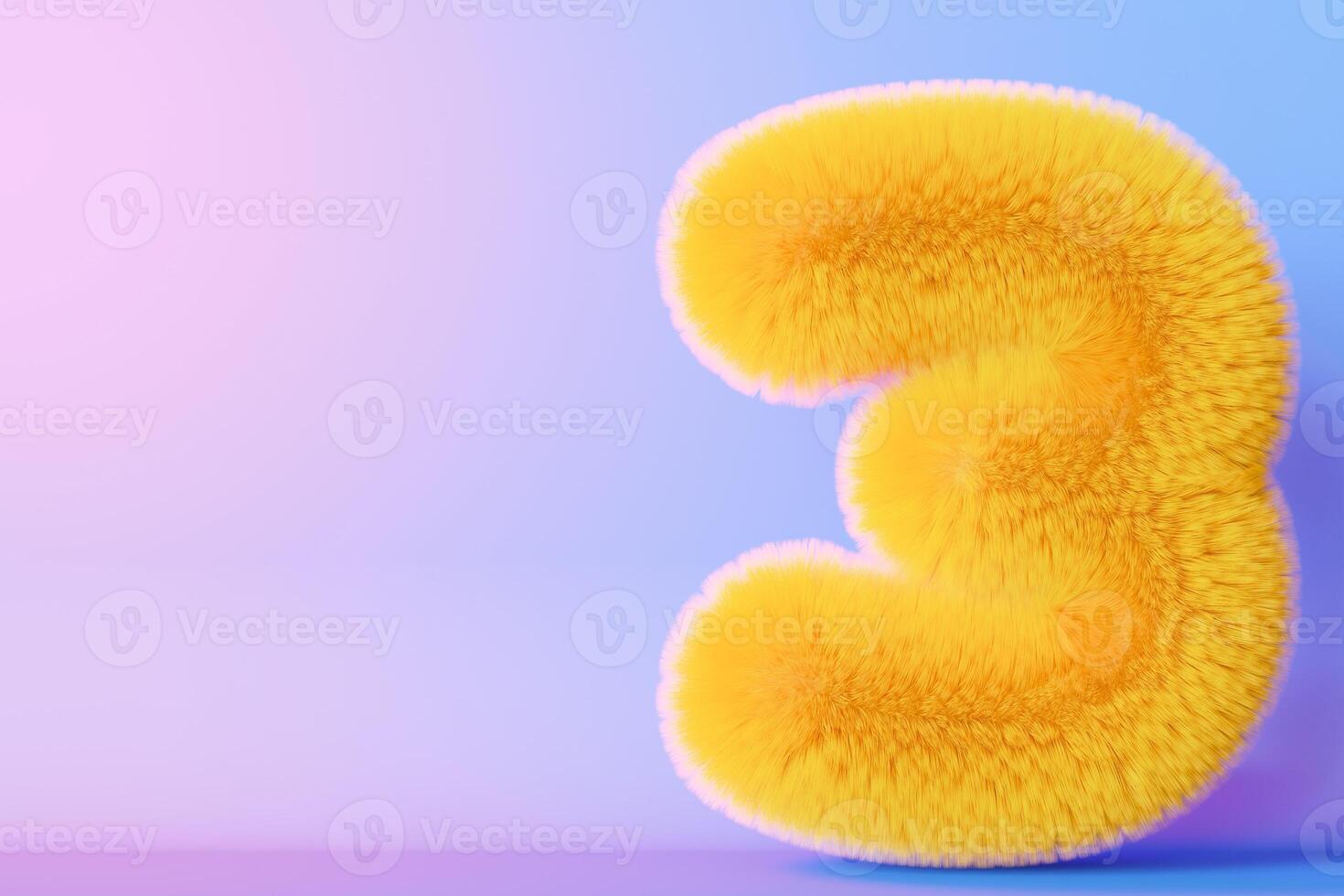 Playful, fluffy number three on gradient background. Yellow symbol 3. Invitation for a third birthday party, or any kids event celebrating a 3rd milestone. Vibrant, neon colors. Copy space. 3D. photo