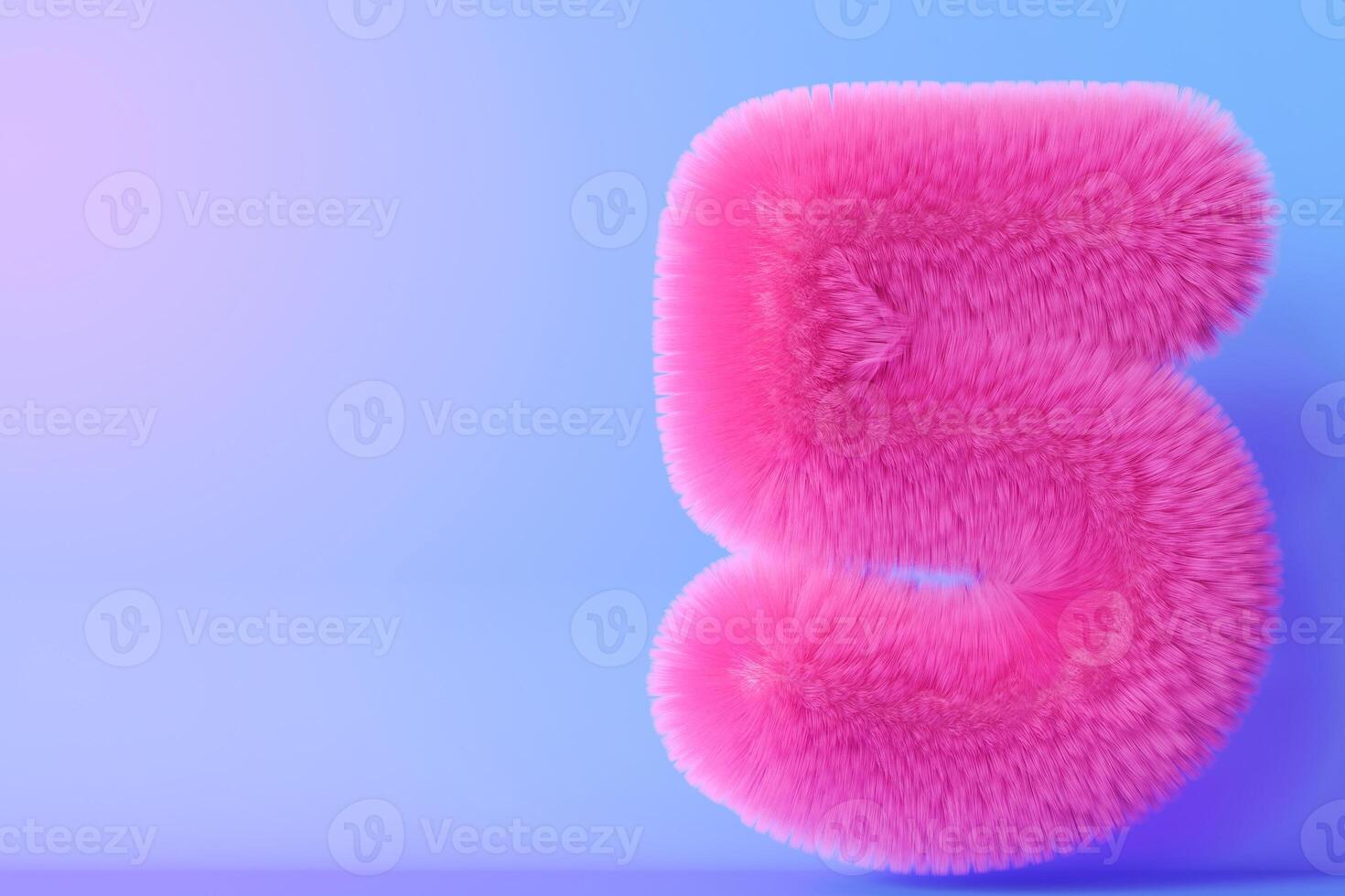 Playful fluffy number five on gradient background. Symbol 5. Fifth birthday party. Festive children event. Modern, trendy numbers. Vibrant, neon colors. Greeting card design. Copy space. 3D. photo