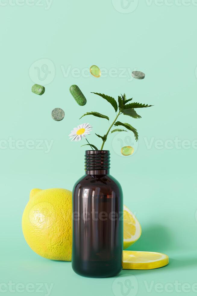 A dynamic composition with herbal pills and a plant sprouting from a bottle, illustrating the natural essence of homeopathic remedies. Copy space for text. Vertical format. Alternative medicine. 3D. photo