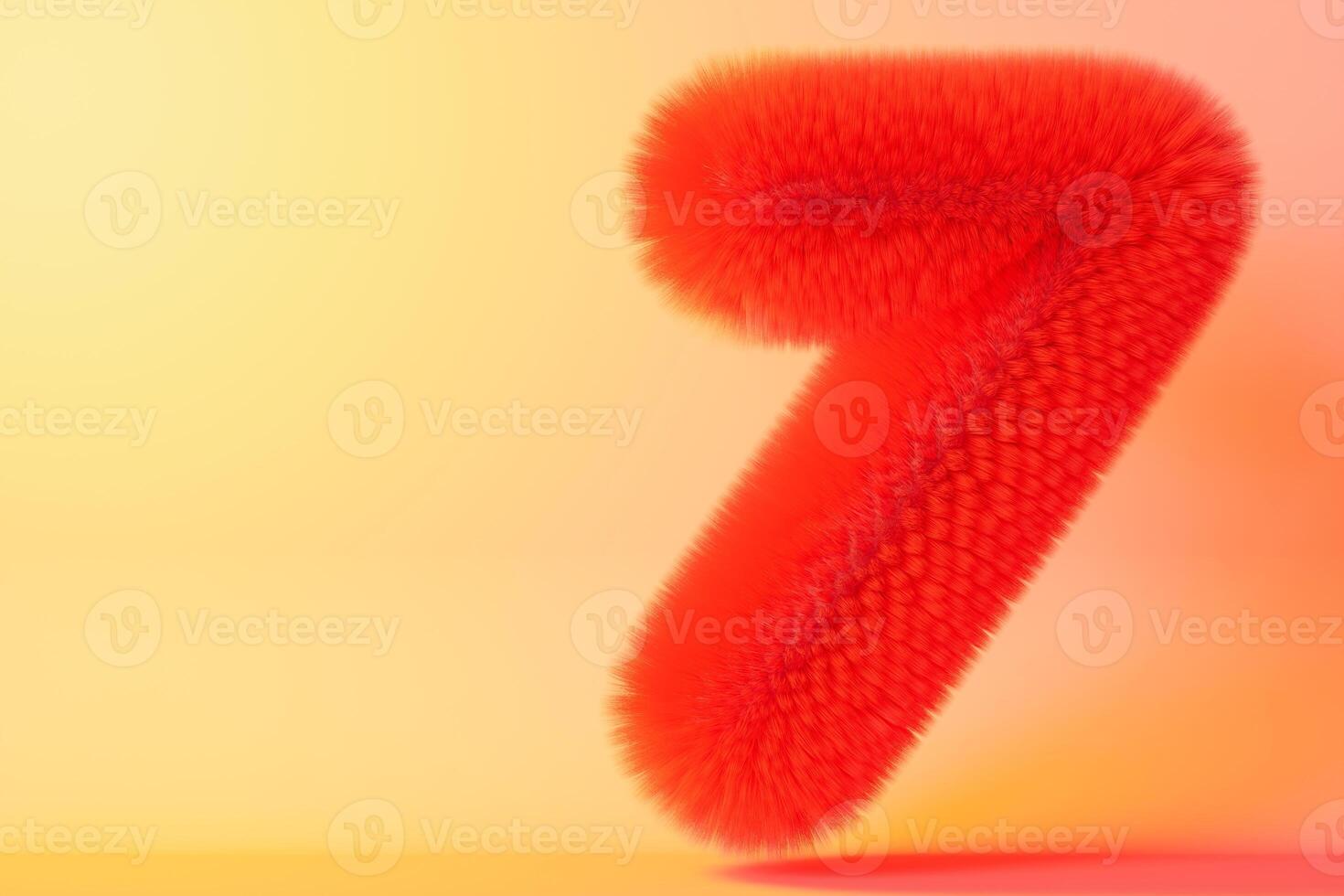 Playful, fluffy number seven on gradient background. Symbol 7. Festive children event. Vibrant, neon colors. Copy space for text. 3D render. photo