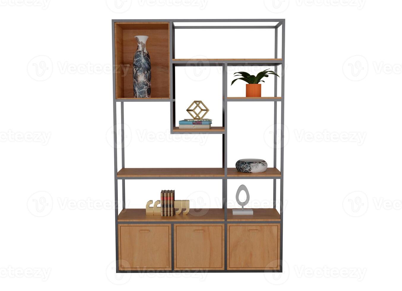 3d rendering open bookcase shelf with decoration photo