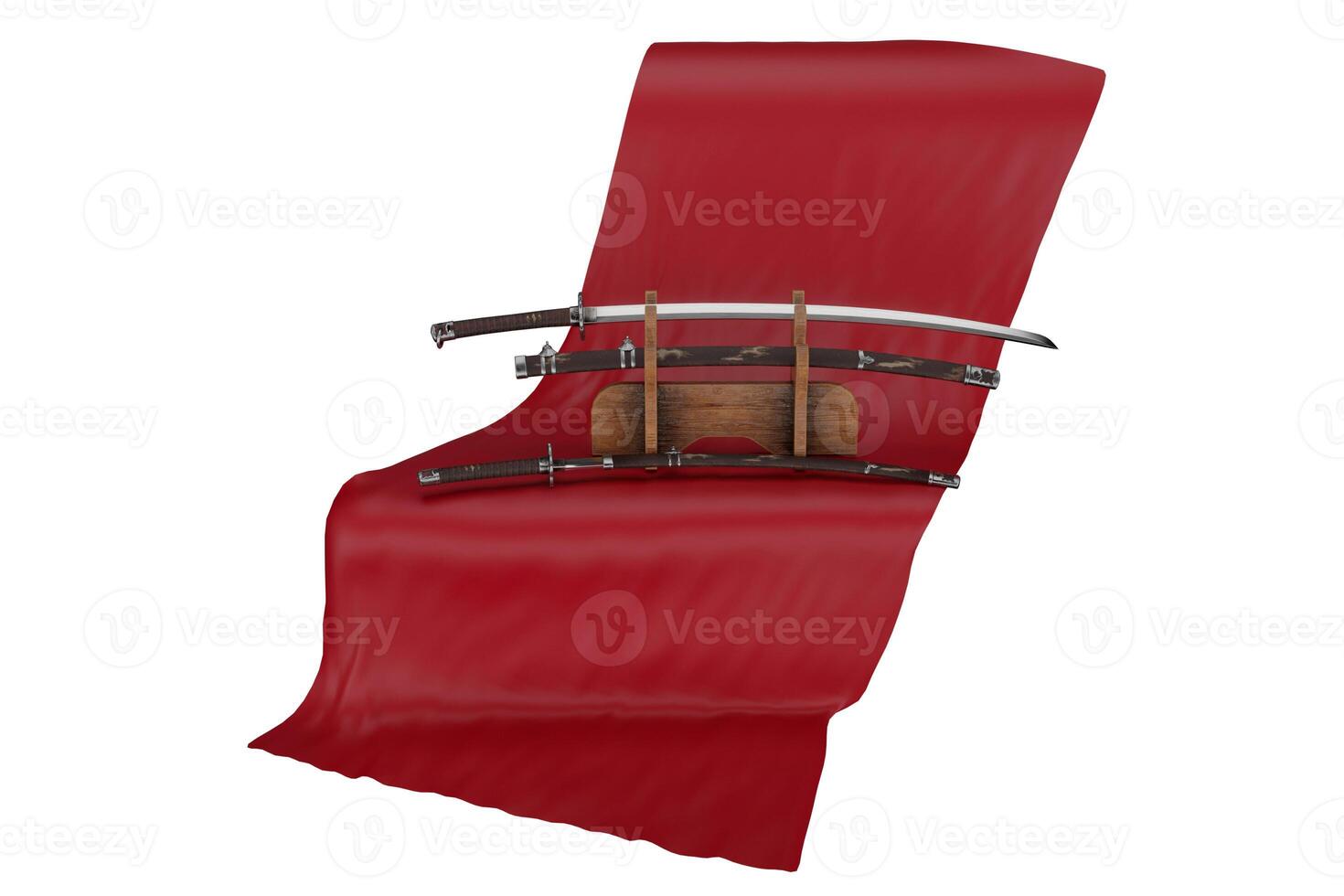 stand with katanas on wooden stand on red cloth isolated on white background photo