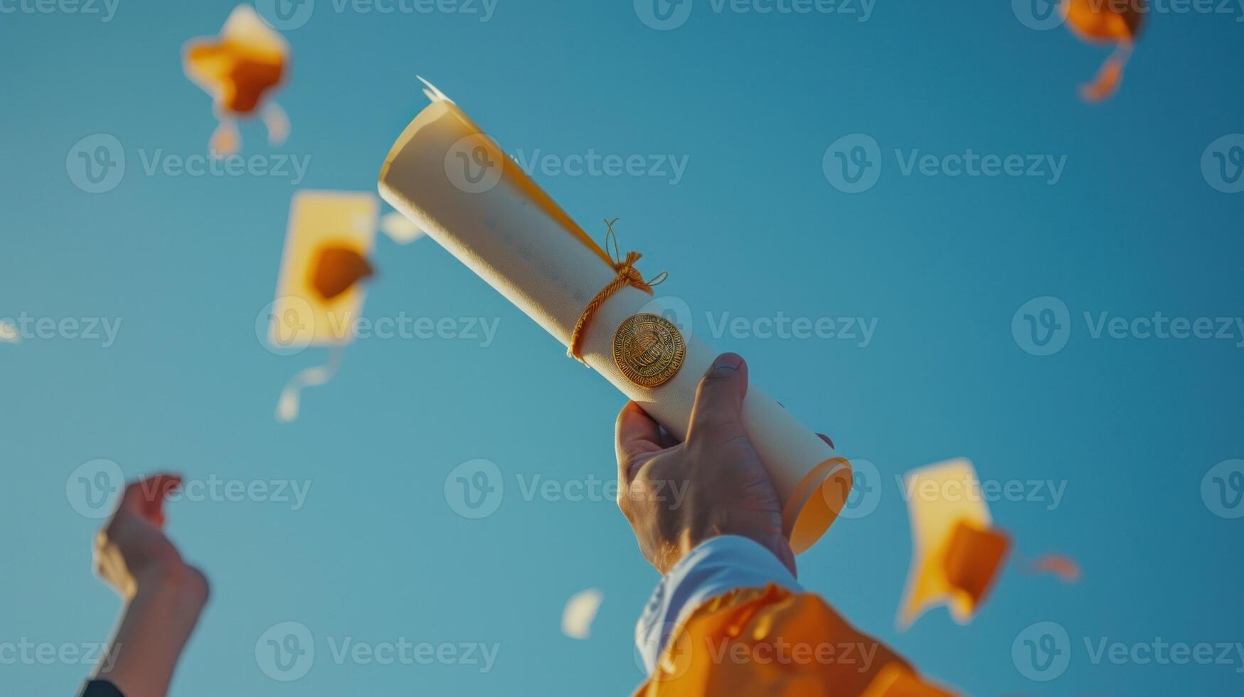 A person is holding a diploma and a cap while flying through the air photo