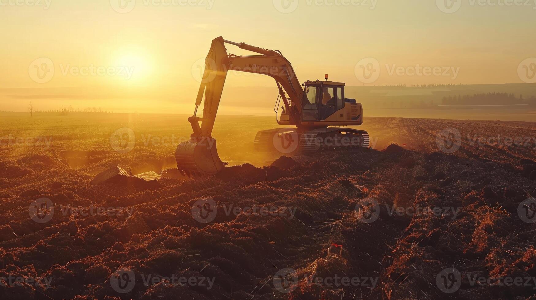 un grande naranja y amarillo construcción vehículo es excavación dentro el suciedad foto