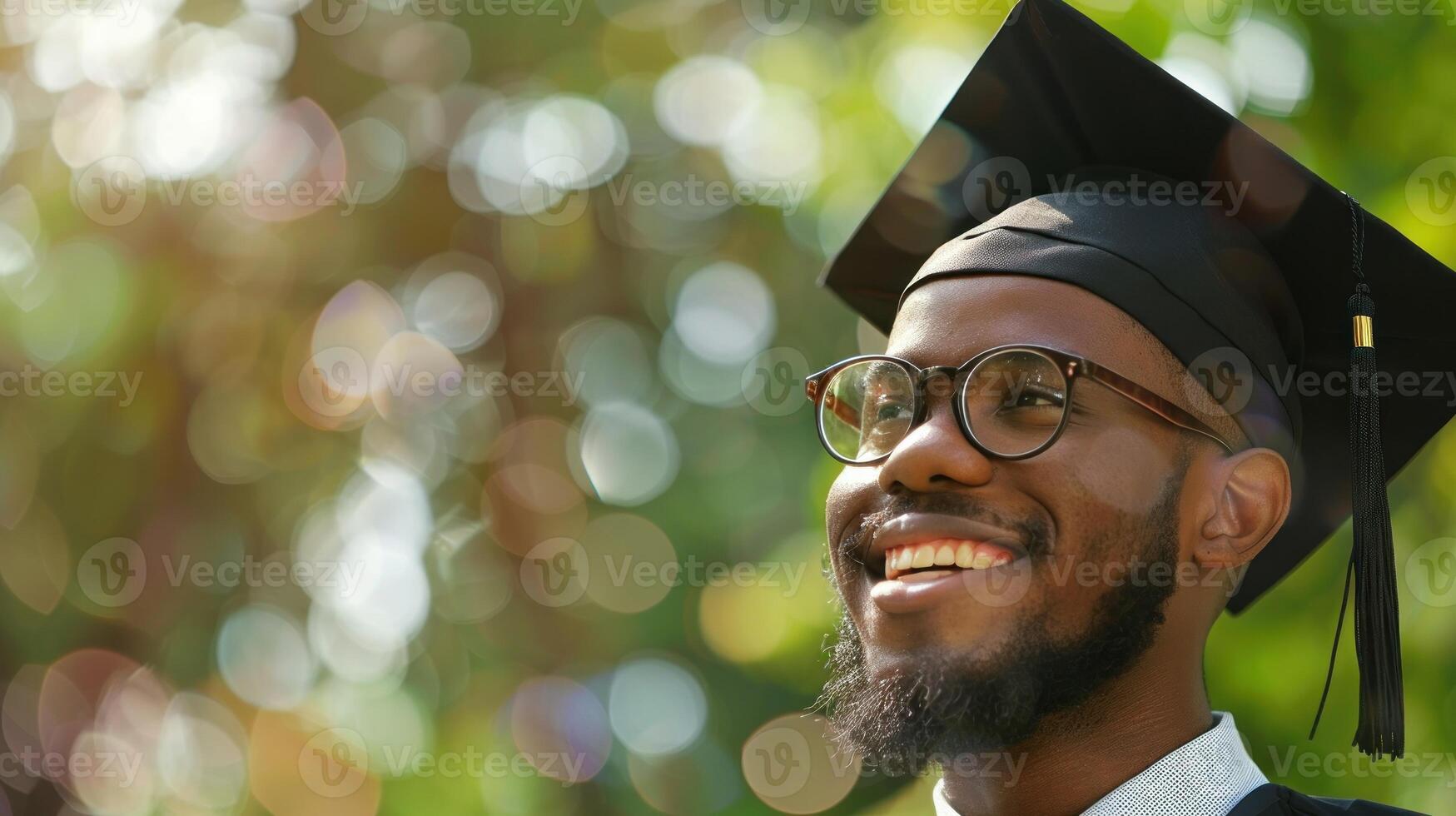 A man in a graduation gown is smiling and holding his hands up in the air photo