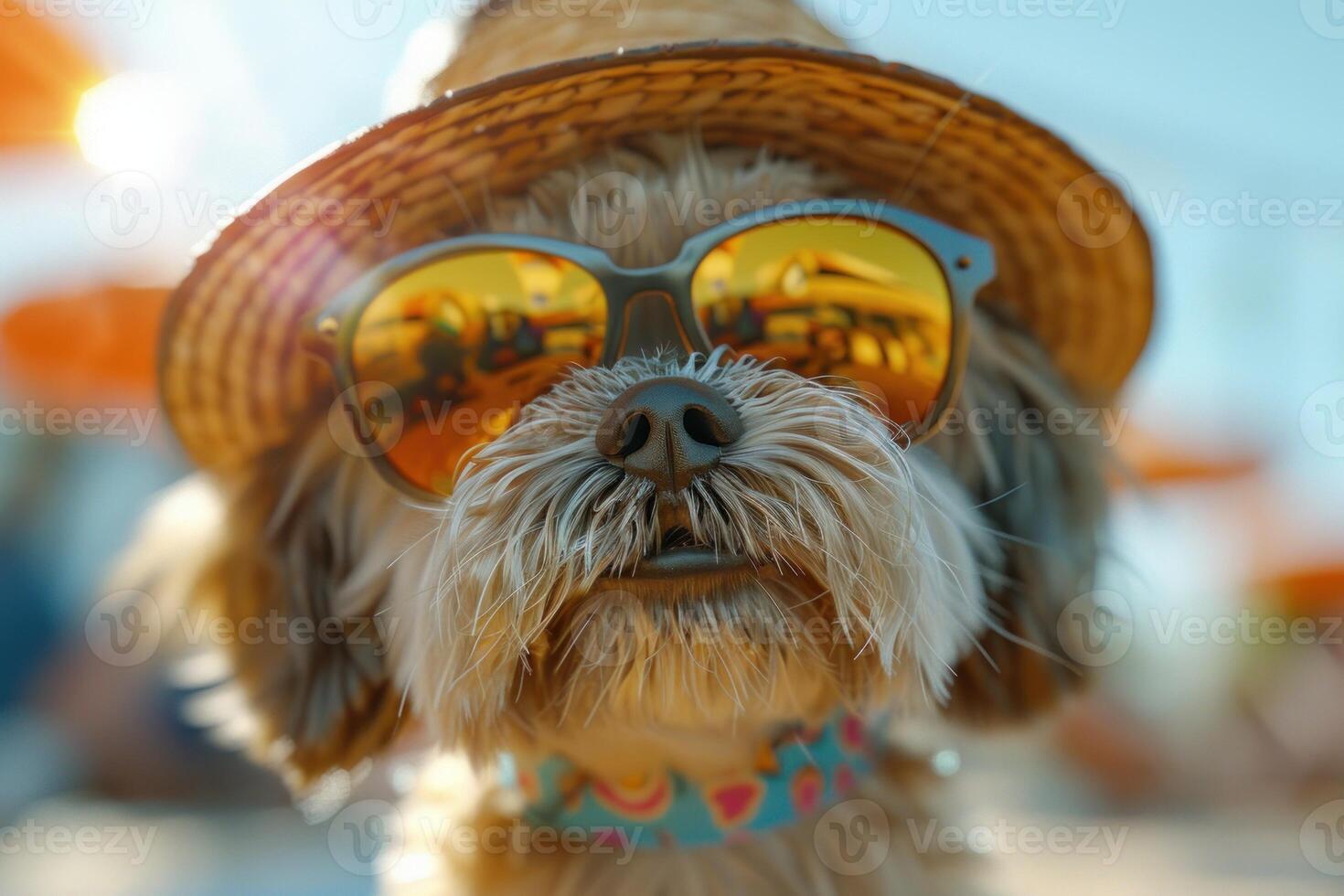 A small dog wearing sunglasses and a straw hat photo