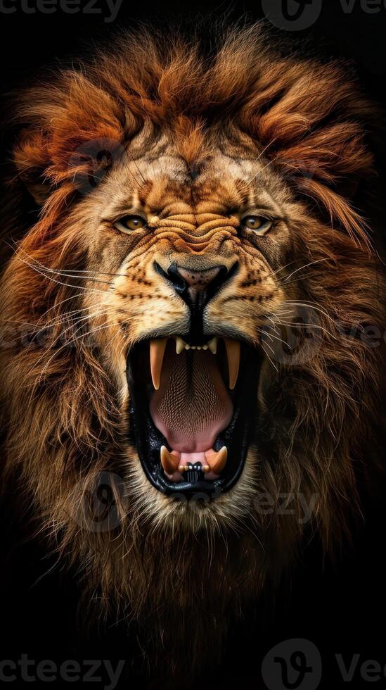 A lion with its mouth open and teeth bared photo