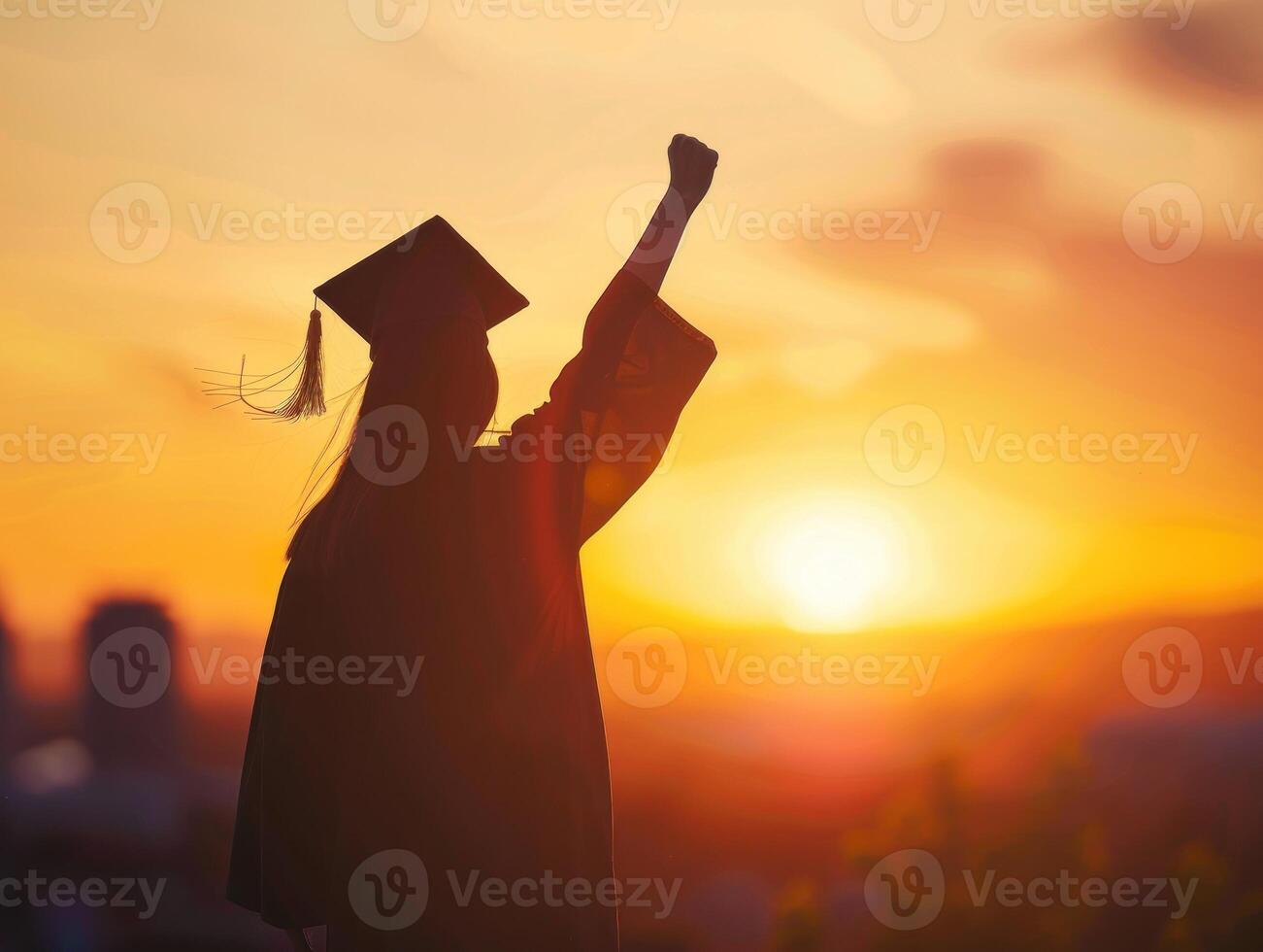 un mujer en un graduación gorra y vestido es en pie en frente de un puesta de sol foto