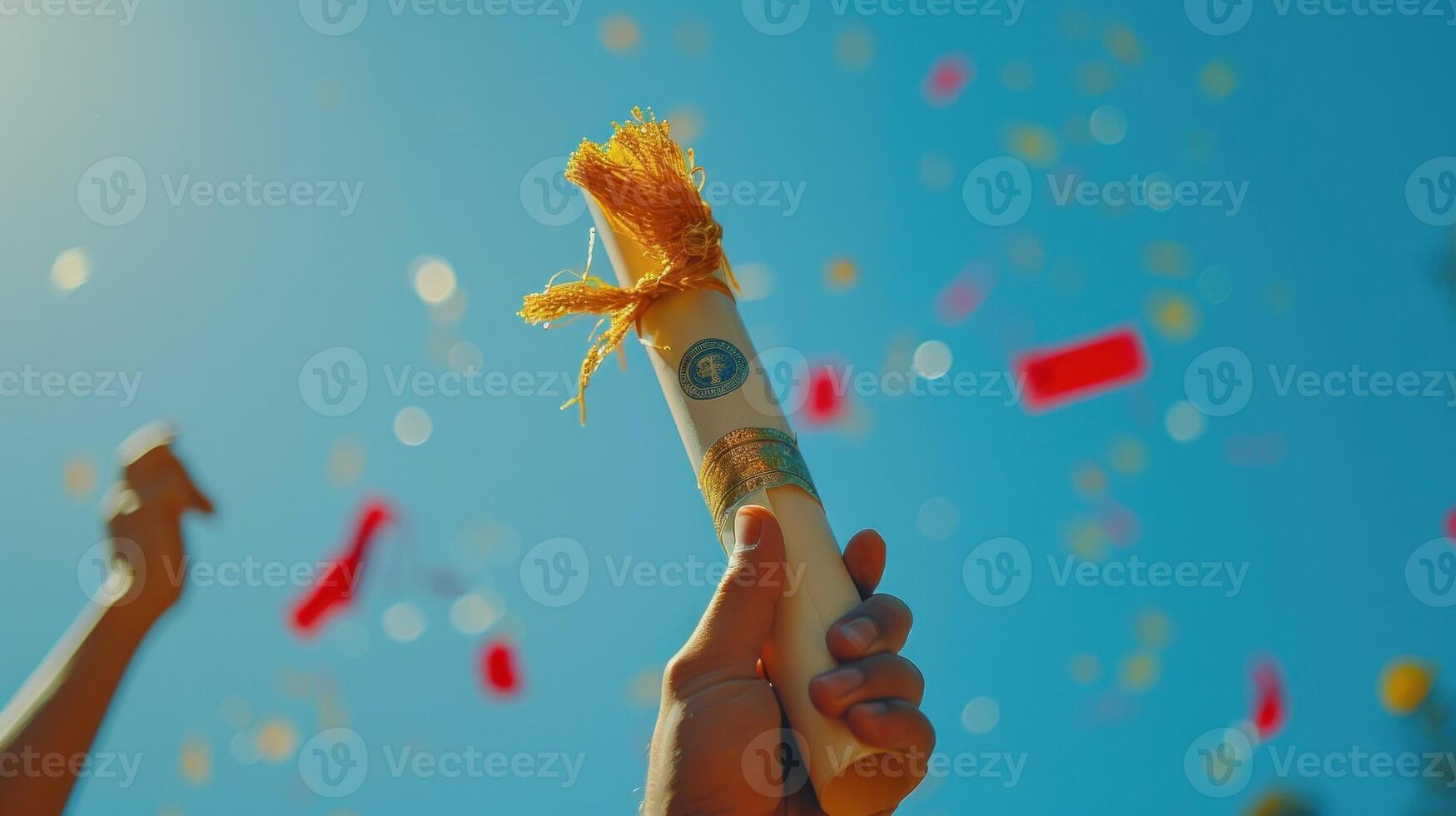 A person is holding a diploma and a cap while flying through the air photo