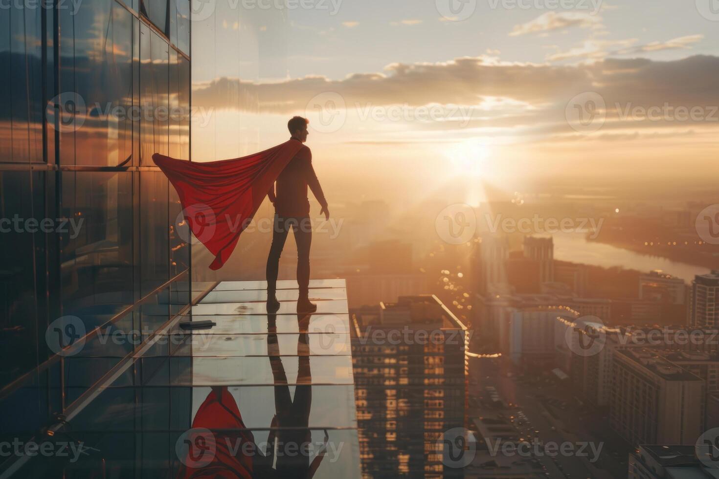 A man in a red cape stands on a rooftop in a city photo