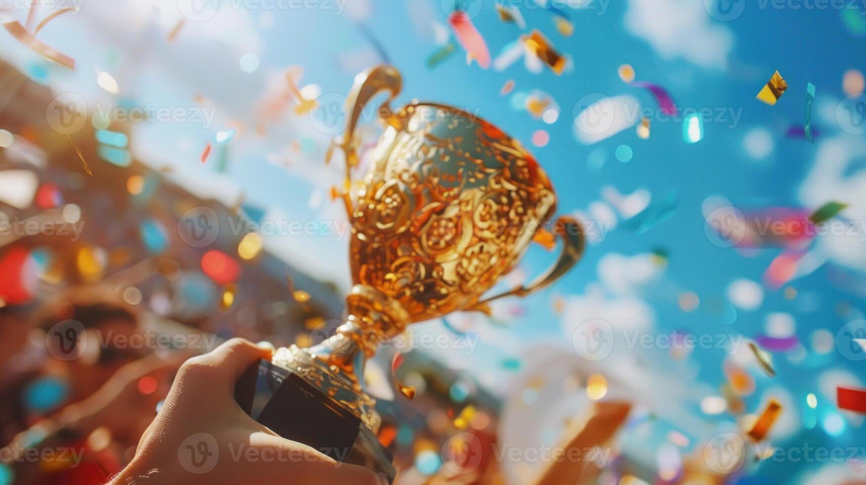 A gold trophy is being held by a person in a crowd of people photo