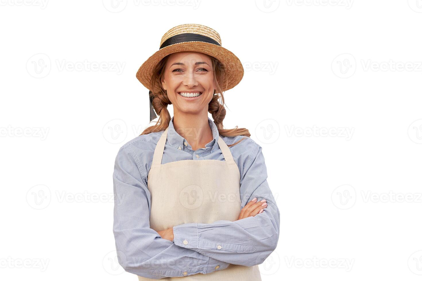 Woman dressed apron white background Caucasian middle age female business owner in uniform photo