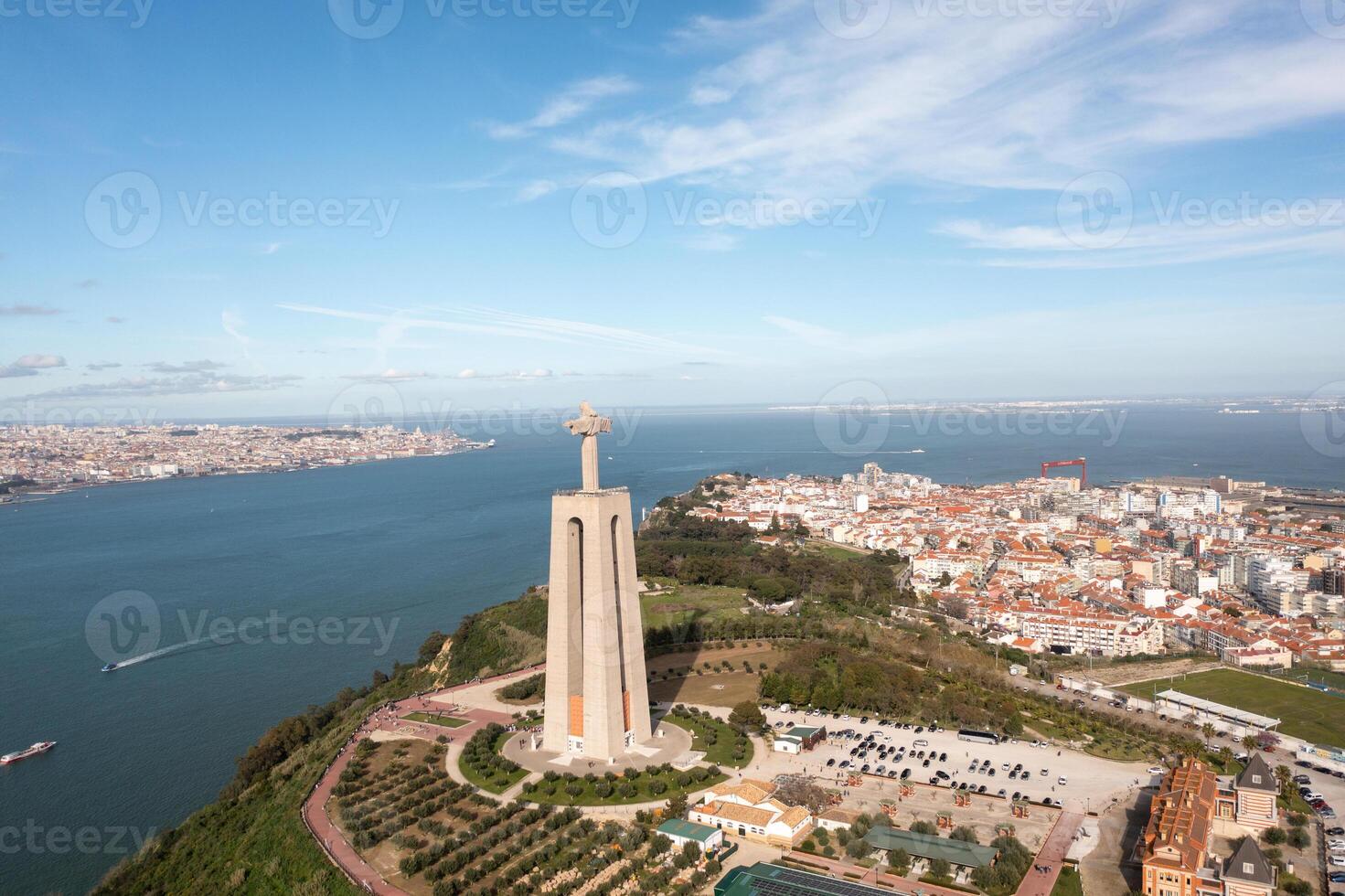 Panoramic drone view Cristo Rei statue in Almada photo