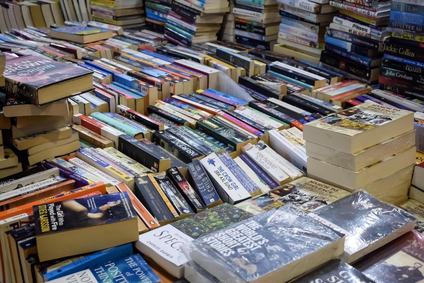 New Delhi, India, February 17 2024 - Variety of Books on shelf inside a book-stall at Delhi International Book Fair, Selection of books on display in Annual Book Fair at Bharat Mandapam complex photo