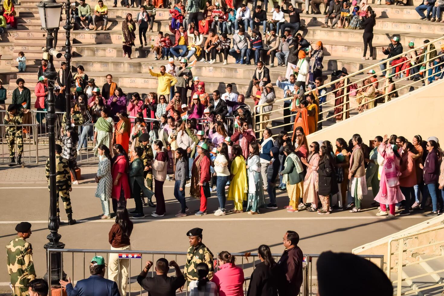 Wagah Border, Amritsar, Punjab, India, 02 February 2024 - Flag ceremony by Border Security Force BSF guards at India-Pakistan border near Attari Amritsar, Punjab, India held every day evening time photo