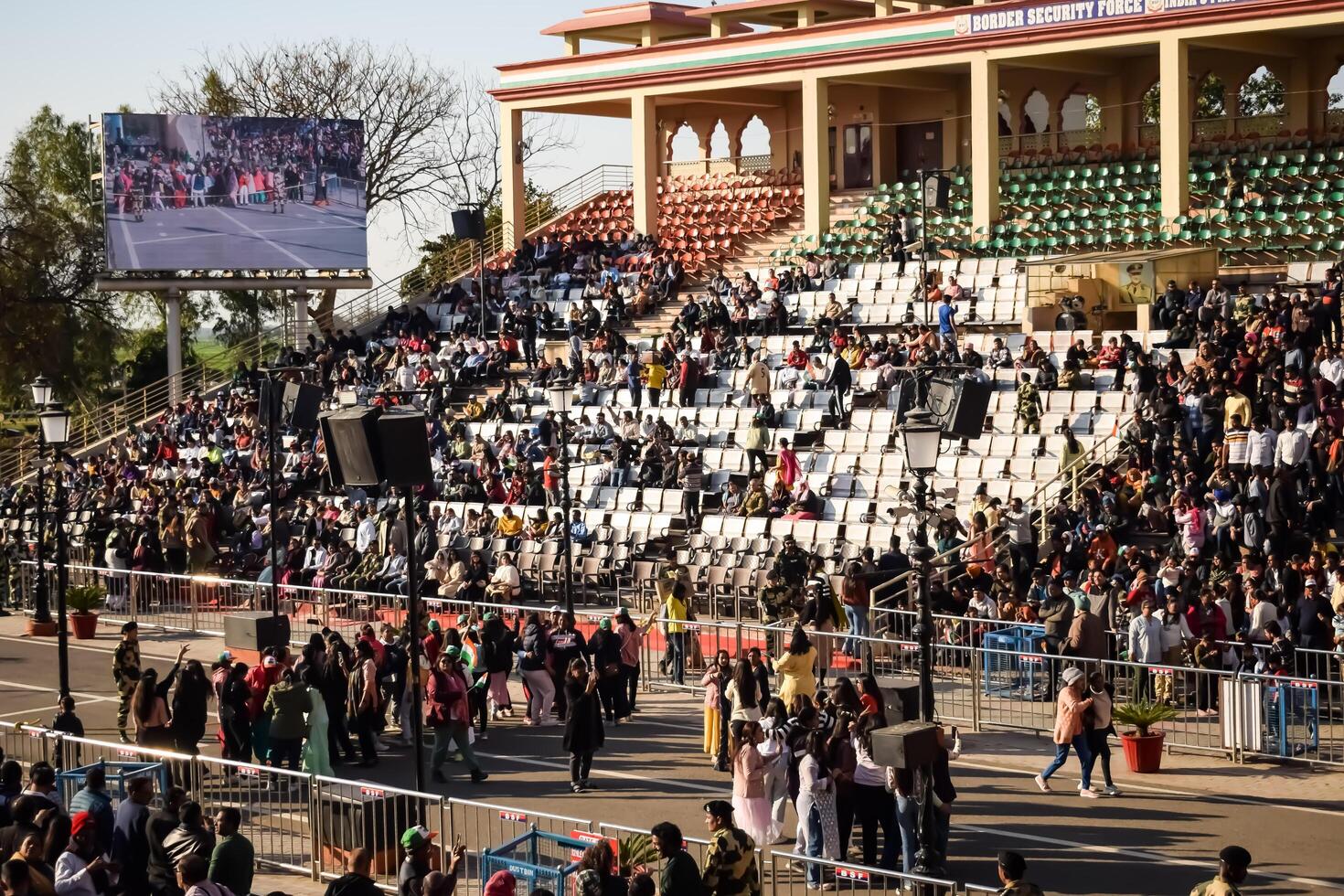 Wagah Border, Amritsar, Punjab, India, 02 February 2024 - Flag ceremony by Border Security Force BSF guards at India-Pakistan border near Attari Amritsar, Punjab, India held every day evening time photo