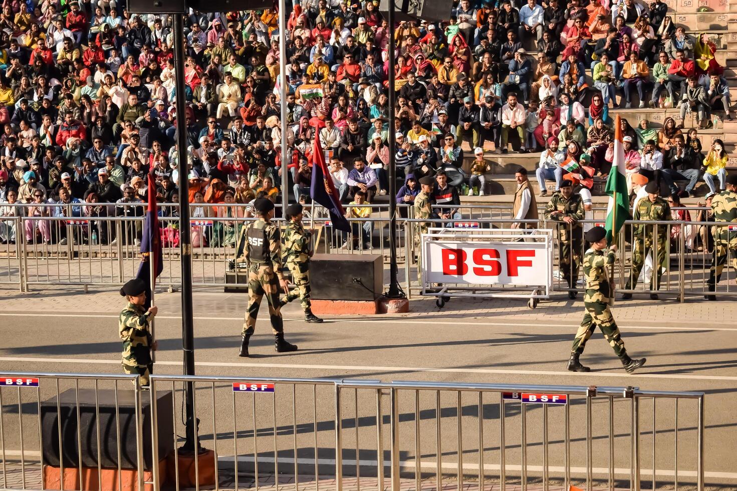 Wagah Border, Amritsar, Punjab, India, 02 February 2024 - Flag ceremony by Border Security Force BSF guards at India-Pakistan border near Attari Amritsar, Punjab, India held every day evening time photo
