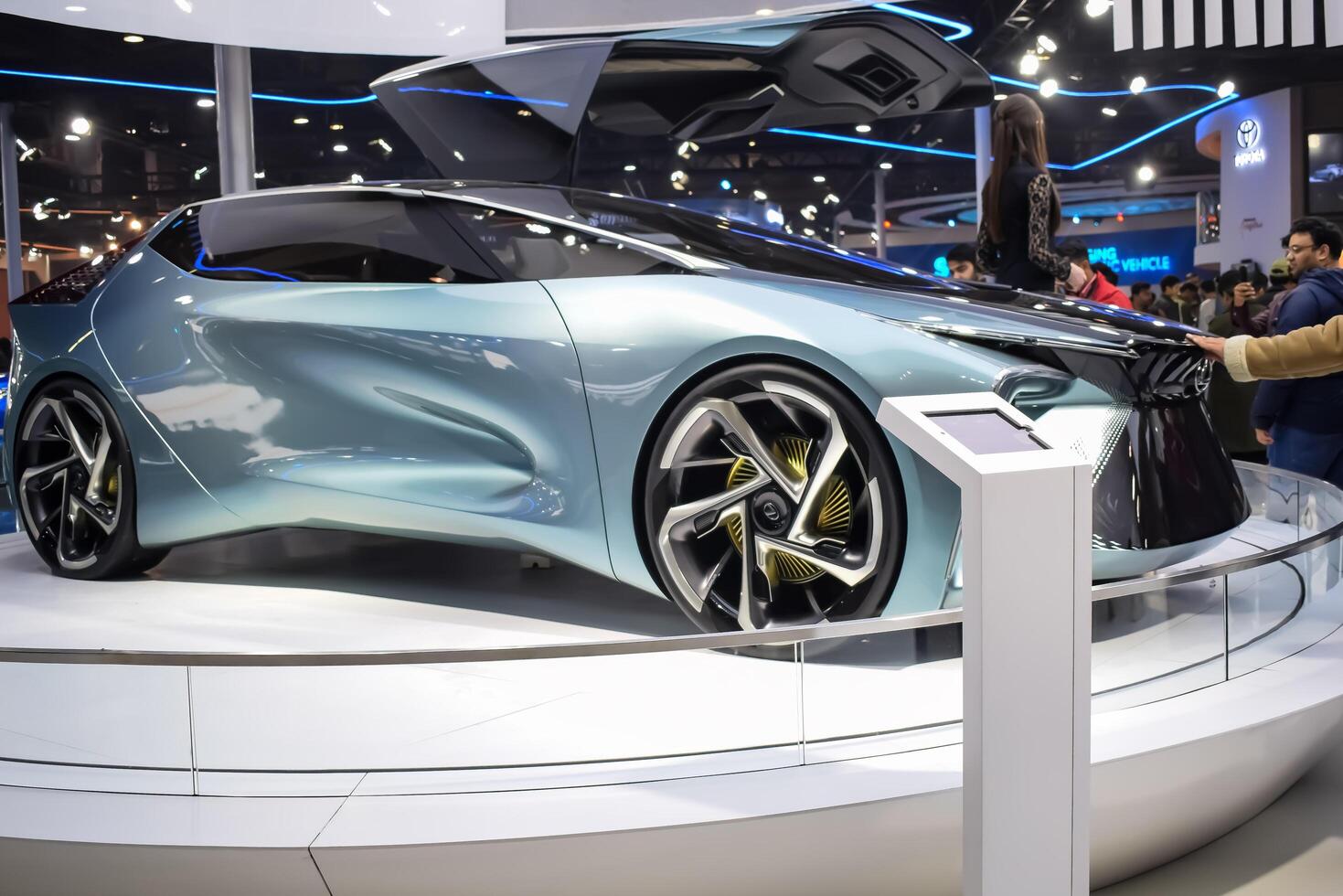 Noida, Uttar Pradesh, India, 28 November 2023- The futuristic self-driving fully autonomous electric, diesel and petrol car displayed at an auto expo 2023. Creative car designed for automobile future. photo