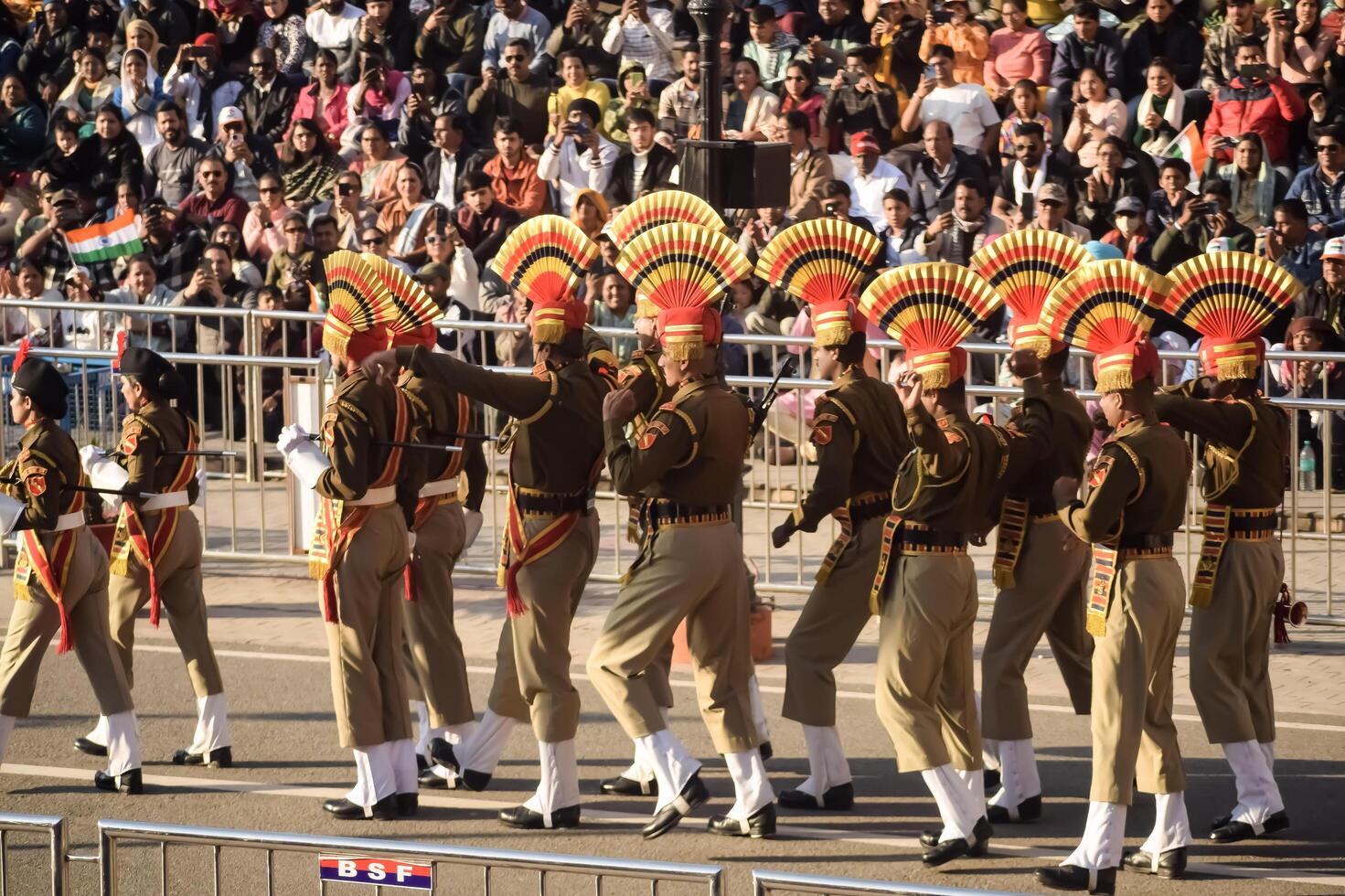Wagah Border, Amritsar, Punjab, India, 02 February 2024 - Flag ceremony by Border Security Force BSF guards at India-Pakistan border near Attari Amritsar, Punjab, India held every day evening time photo