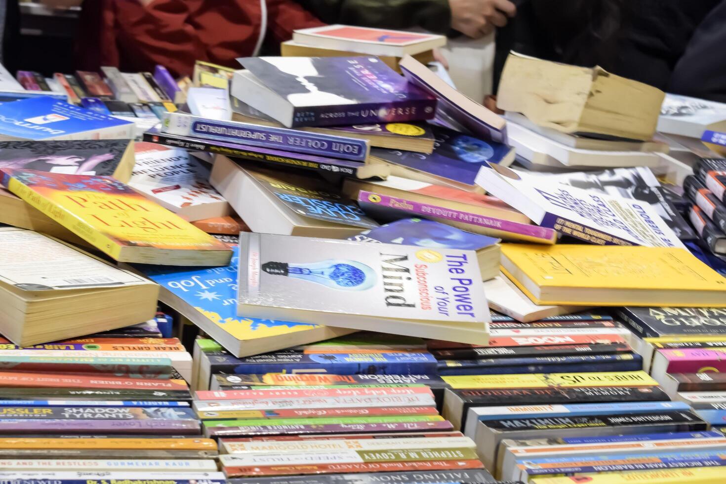 New Delhi, India, February 17 2024 - Variety of Books on shelf inside a book-stall at Delhi International Book Fair, Selection of books on display in Annual Book Fair at Bharat Mandapam complex photo