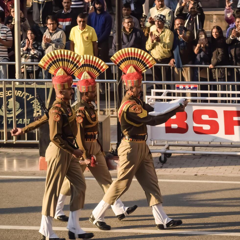 Wagah Border, Amritsar, Punjab, India, 02 February 2024 - Flag ceremony by Border Security Force BSF guards at India-Pakistan border near Attari Amritsar, Punjab, India held every day evening time photo