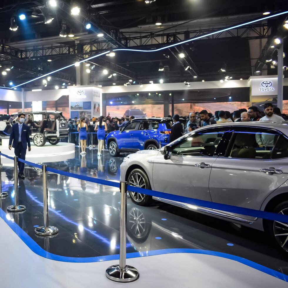 Noida, Uttar Pradesh, India, 28 November 2023- The futuristic self-driving fully autonomous electric, diesel and petrol car displayed at an auto expo 2023. Creative car designed for automobile future. photo