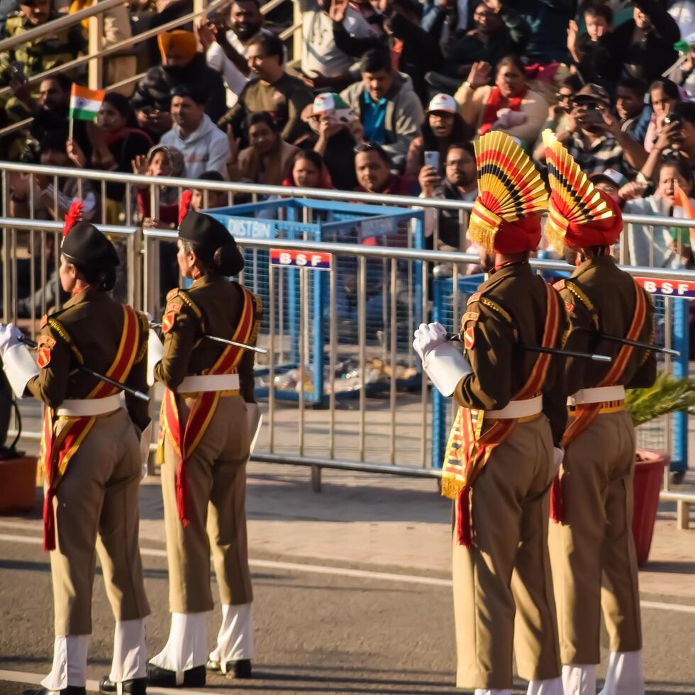 Wagah Border, Amritsar, Punjab, India, 02 February 2024 - Flag ceremony by Border Security Force BSF guards at India-Pakistan border near Attari Amritsar, Punjab, India held every day evening time photo
