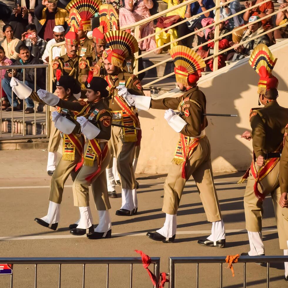 Wagah Border, Amritsar, Punjab, India, 02 February 2024 - Flag ceremony by Border Security Force BSF guards at India-Pakistan border near Attari Amritsar, Punjab, India held every day evening time photo