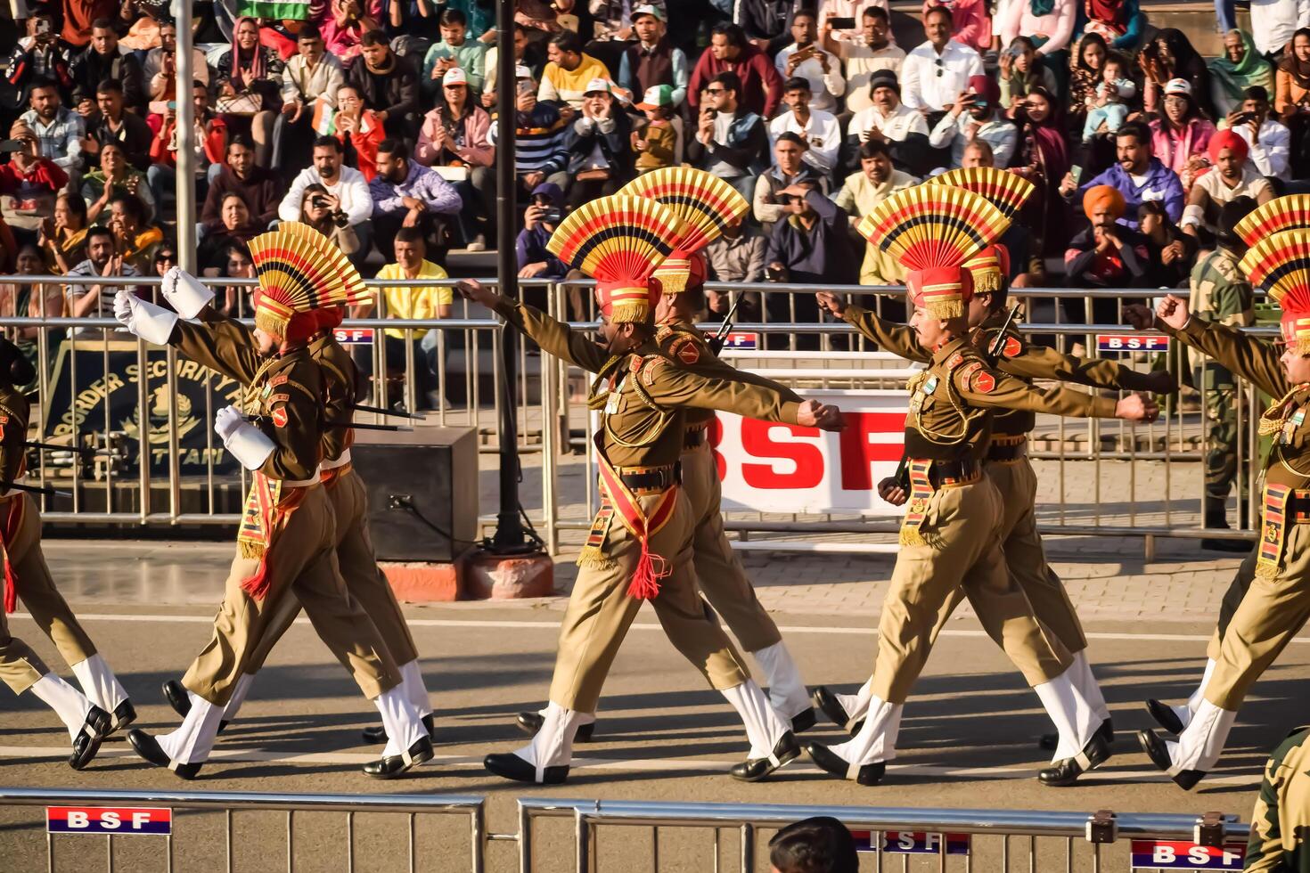 Wagah Border, Amritsar, Punjab, India, 02 February 2024 - Flag ceremony by Border Security Force BSF guards at India-Pakistan border near Attari Amritsar, Punjab, India held every day evening time photo