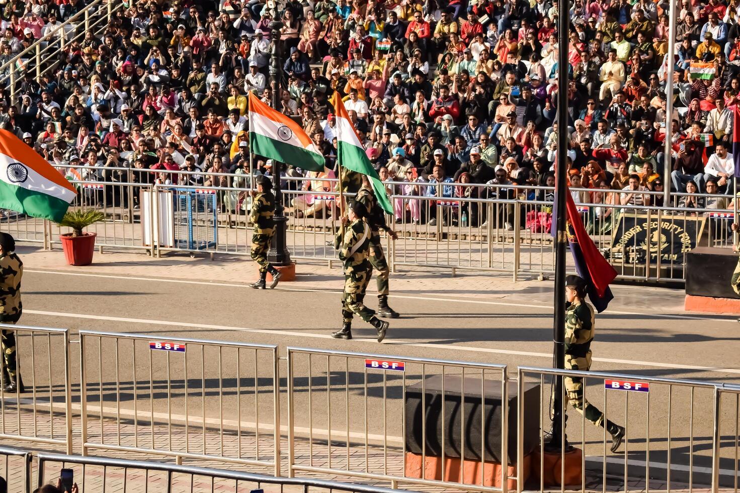 Wagah Border, Amritsar, Punjab, India, 02 February 2024 - Flag ceremony by Border Security Force BSF guards at India-Pakistan border near Attari Amritsar, Punjab, India held every day evening time photo