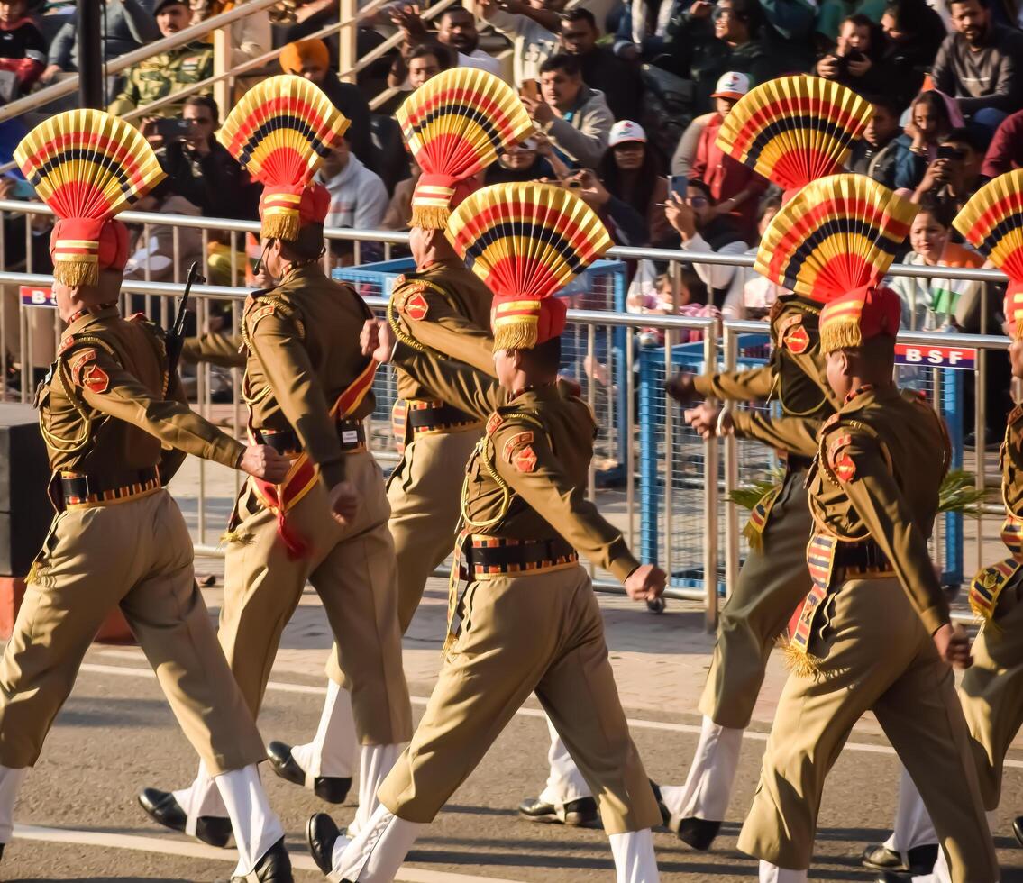Wagah Border, Amritsar, Punjab, India, 02 February 2024 - Flag ceremony by Border Security Force BSF guards at India-Pakistan border near Attari Amritsar, Punjab, India held every day evening time photo