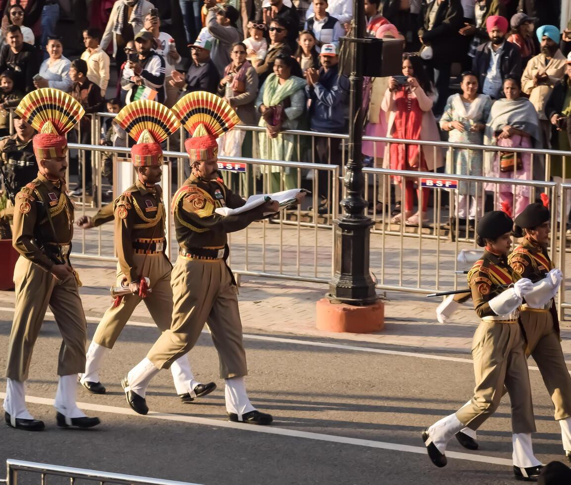 Wagah Border, Amritsar, Punjab, India, 02 February 2024 - Flag ceremony by Border Security Force BSF guards at India-Pakistan border near Attari Amritsar, Punjab, India held every day evening time photo