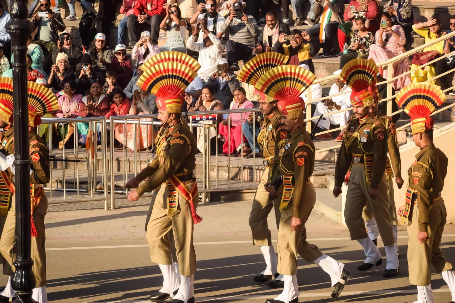 Wagah Border, Amritsar, Punjab, India, 02 February 2024 - Flag ceremony by Border Security Force BSF guards at India-Pakistan border near Attari Amritsar, Punjab, India held every day evening time photo