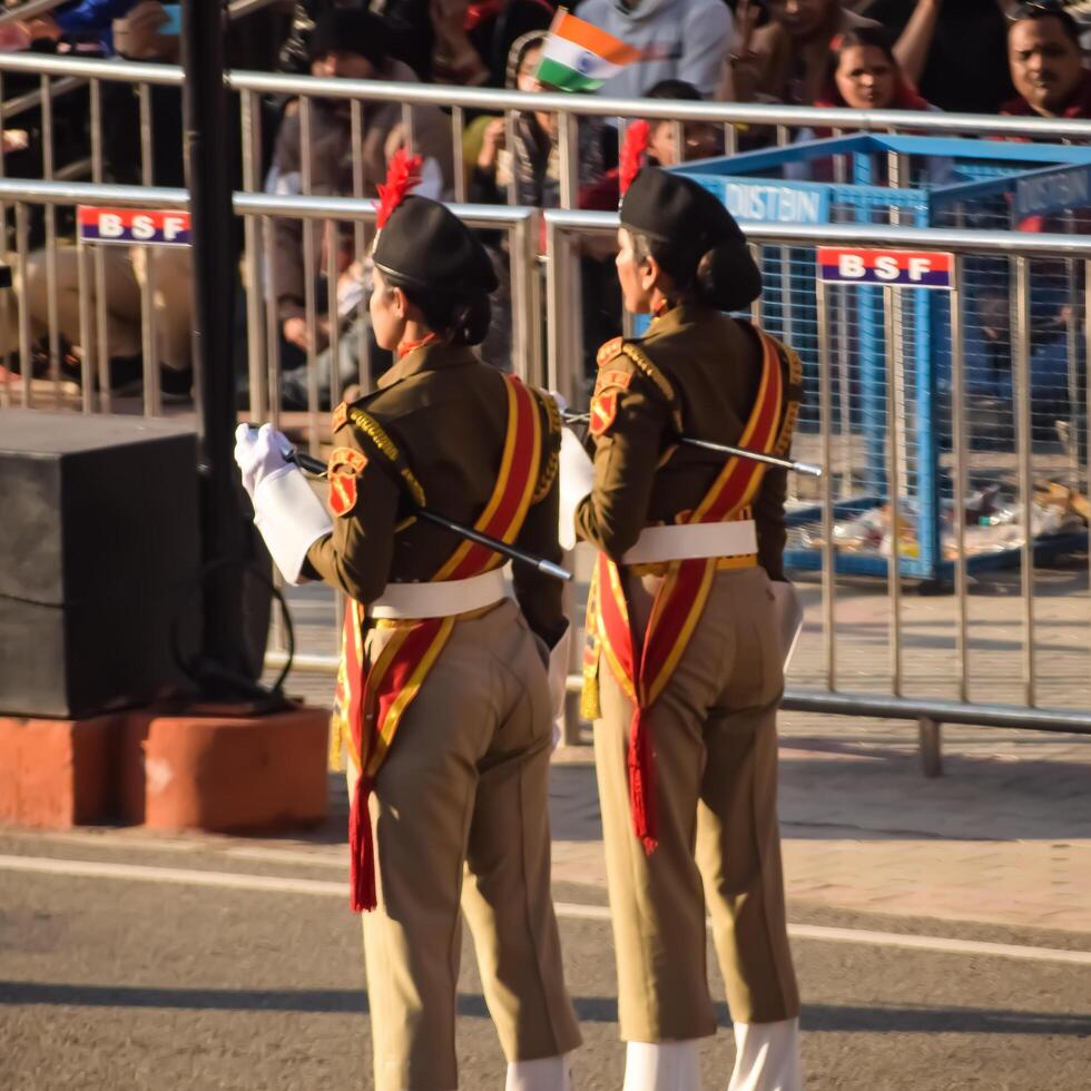 Wagah Border, Amritsar, Punjab, India, 02 February 2024 - Flag ceremony by Border Security Force BSF guards at India-Pakistan border near Attari Amritsar, Punjab, India held every day evening time photo