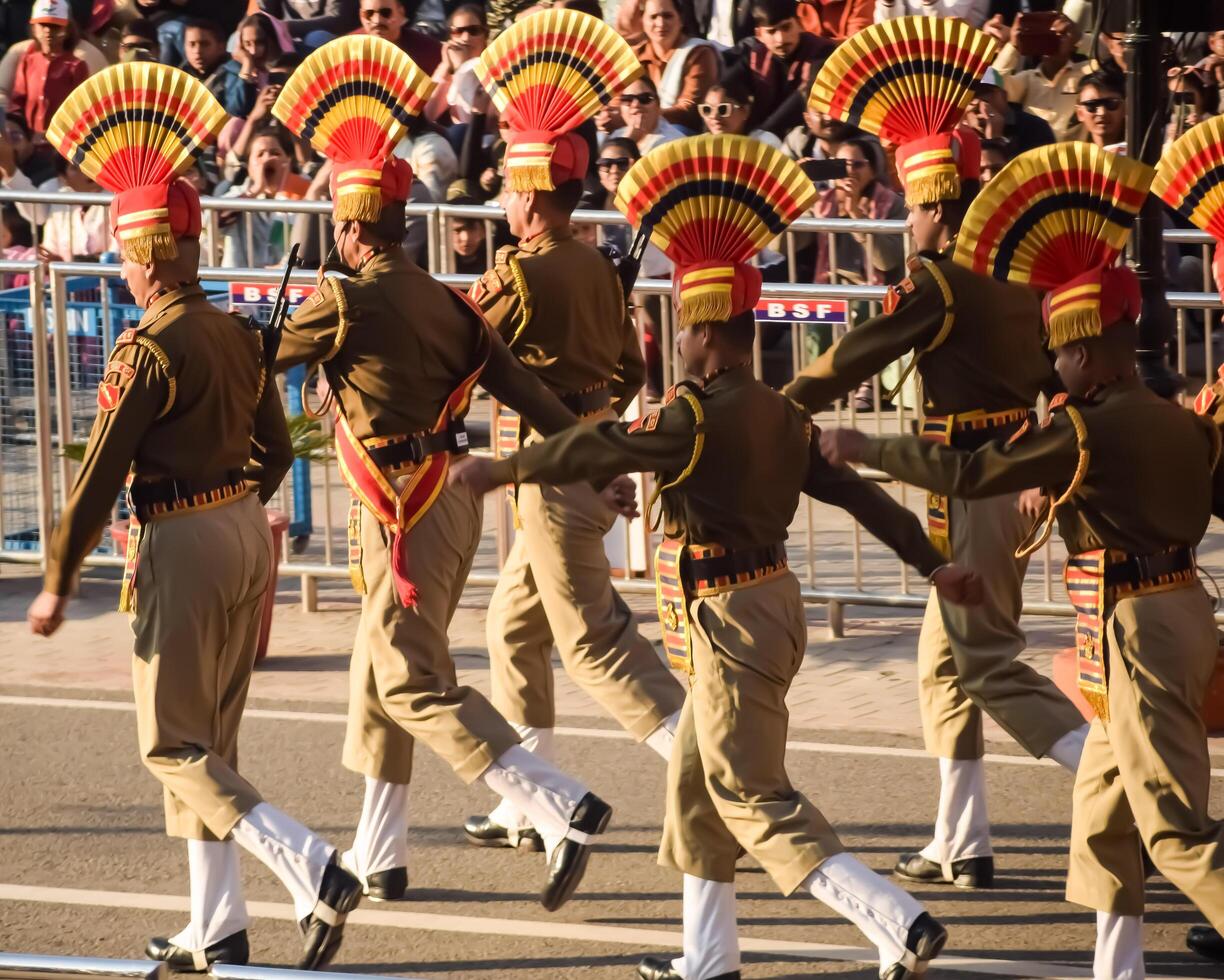 Wagah Border, Amritsar, Punjab, India, 02 February 2024 - Flag ceremony by Border Security Force BSF guards at India-Pakistan border near Attari Amritsar, Punjab, India held every day evening time photo
