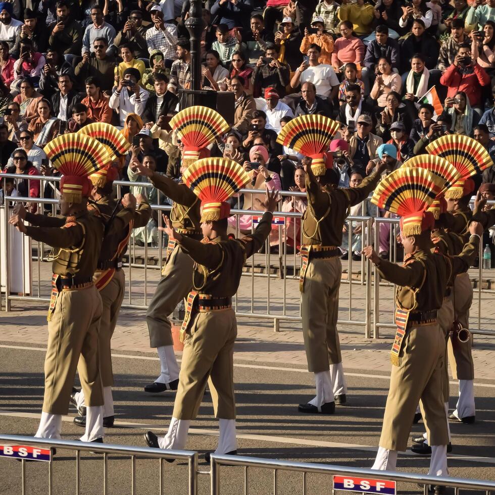 Wagah Border, Amritsar, Punjab, India, 02 February 2024 - Flag ceremony by Border Security Force BSF guards at India-Pakistan border near Attari Amritsar, Punjab, India held every day evening time photo