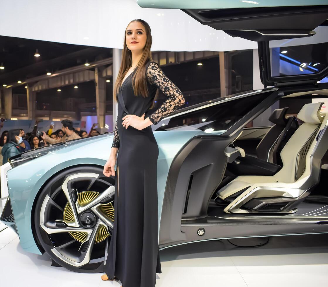 Noida, Uttar Pradesh, India, 28 November 2023- The futuristic self-driving fully autonomous electric, diesel and petrol car displayed at an auto expo 2023. Creative car designed for automobile future. photo