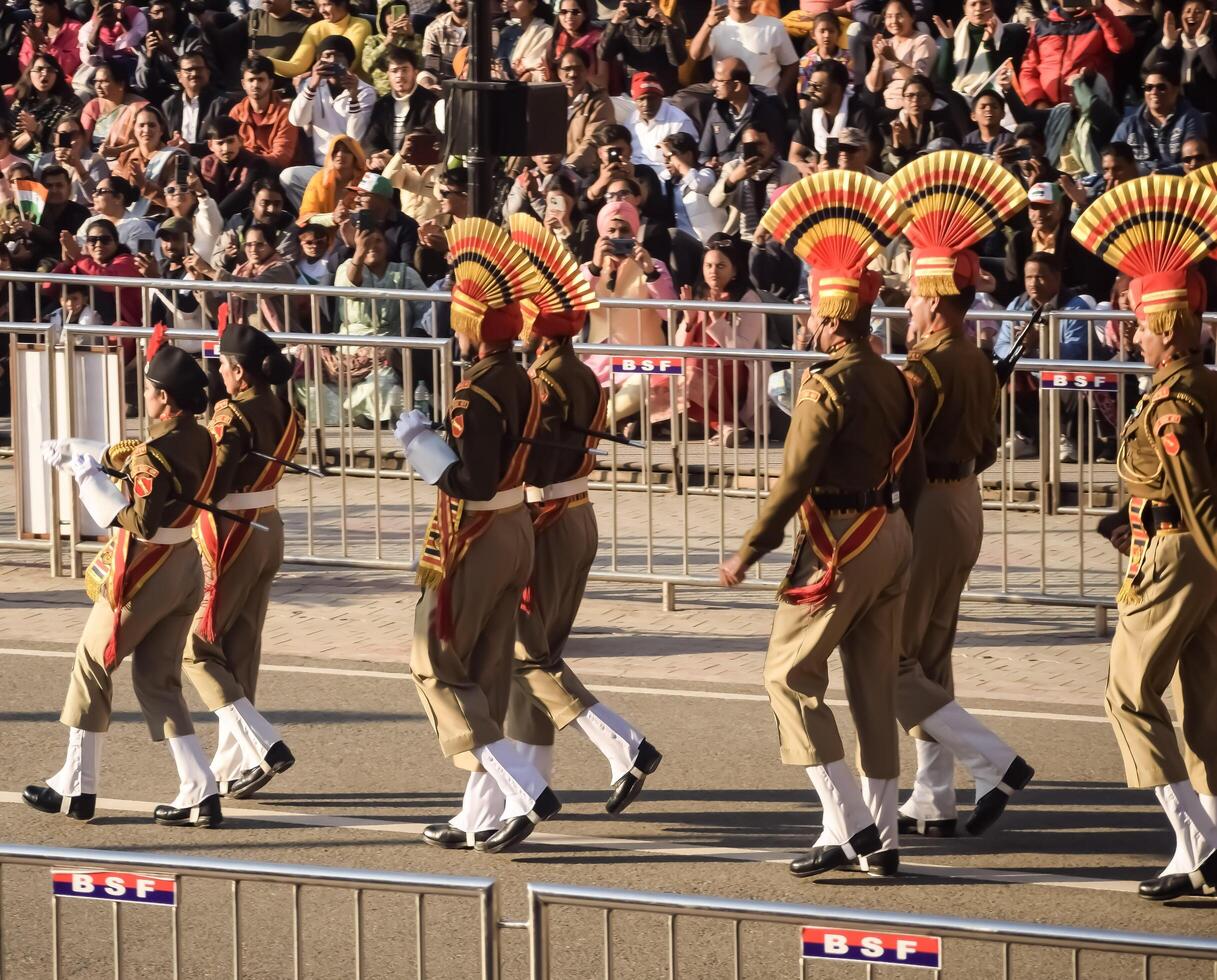 Wagah Border, Amritsar, Punjab, India, 02 February 2024 - Flag ceremony by Border Security Force BSF guards at India-Pakistan border near Attari Amritsar, Punjab, India held every day evening time photo