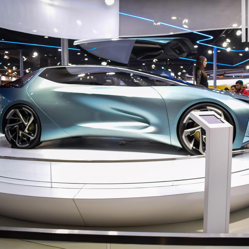 Noida, Uttar Pradesh, India, 28 November 2023- The futuristic self-driving fully autonomous electric, diesel and petrol car displayed at an auto expo 2023. Creative car designed for automobile future. photo