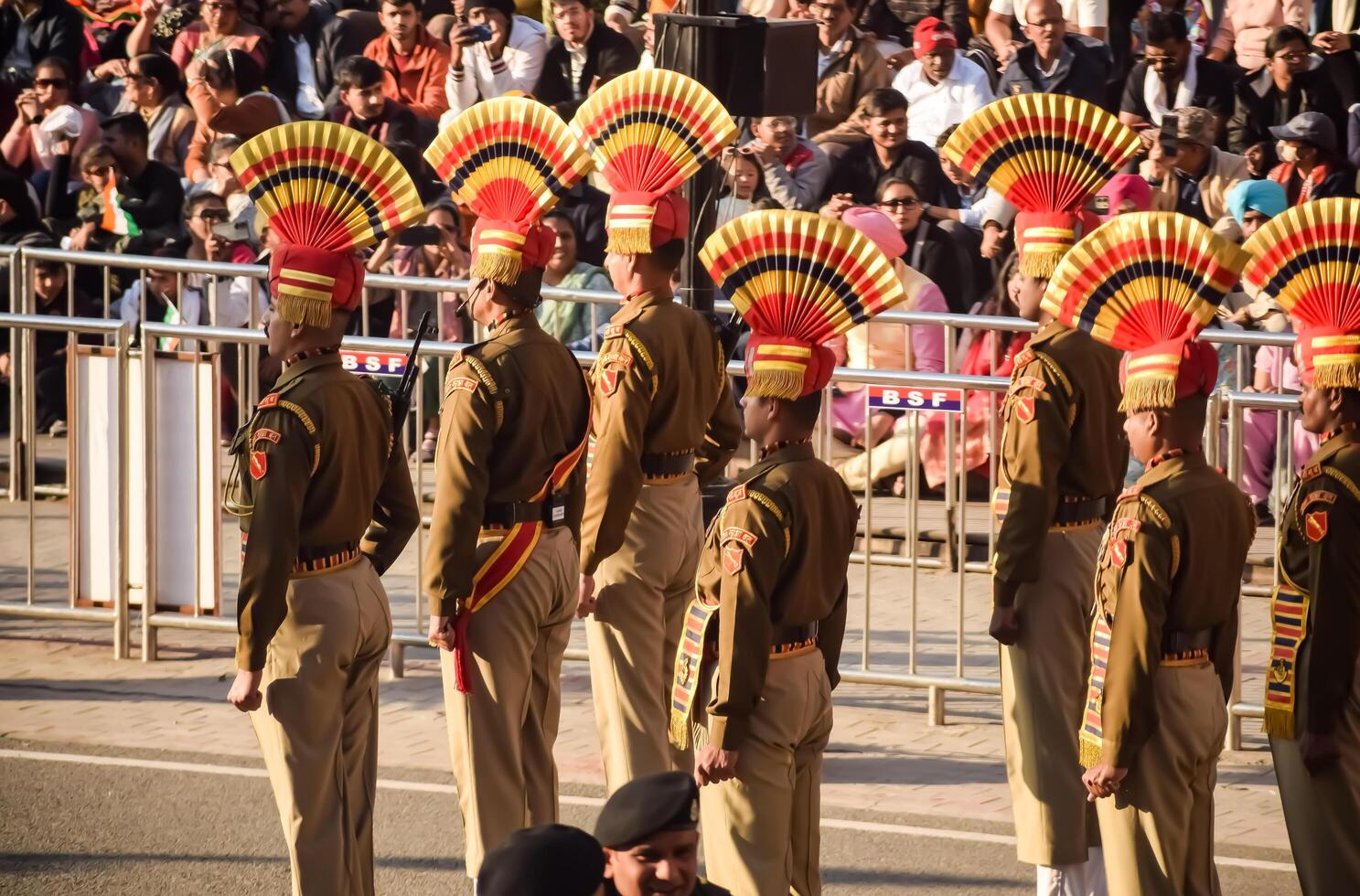 Wagah Border, Amritsar, Punjab, India, 02 February 2024 - Flag ceremony by Border Security Force BSF guards at India-Pakistan border near Attari Amritsar, Punjab, India held every day evening time photo